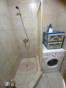 La salle de bains est pourvue d'une cabine de douche et d'un lave-linge. dans l'établissement Apartman Turkana 2, à Sarajevo