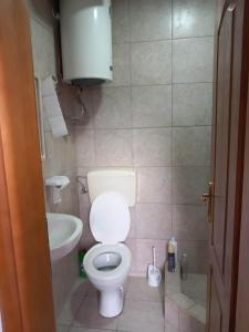 La petite salle de bains est pourvue de toilettes et d'un lavabo. dans l'établissement Apartman Turkana 2, à Sarajevo