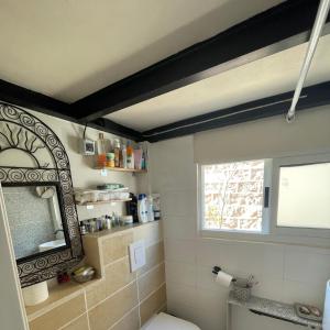 een badkamer met een toilet, een spiegel en een raam bij Luxury studio at the heart of old Jaffa in Tel Aviv