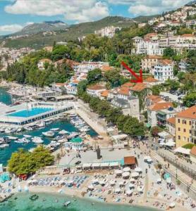 an aerial view of a beach and a harbor at Apartman Allegre in Herceg-Novi