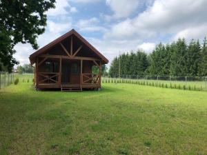 a small cabin in a field with a fence at Domek letniskowy w Karwiku in Karwik