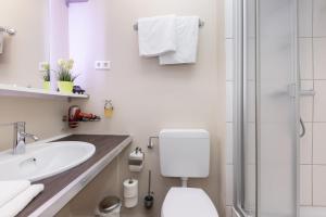 y baño con aseo, lavabo y ducha. en FerienNest Bad Ems, Appartment WaldNest, en Bad Ems