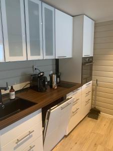uma cozinha com armários brancos e um lavatório em Solvik #apartment #Loen em Loen