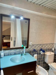 a bathroom with a sink and a toilet and a mirror at Acogedor Dúplex Barrio del Pilar in Madrid
