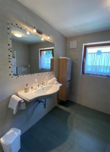 a bathroom with a sink and a mirror at Apartments Stoll in Valle Di Casies +46 photos