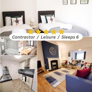 un collage de cuatro fotos de un dormitorio en St Johns Hse, 3 BR, Sleeps 6, FREE Parking, Contractor, WiFi, Kitchen, Garden en Doncaster