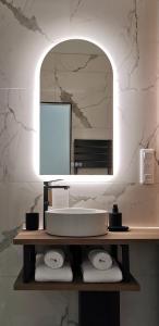 La salle de bains est pourvue d'une coiffeuse avec un miroir et de serviettes. dans l'établissement GUSTAVE - Quartier Historique, à Nantes