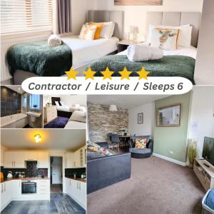 a collage of photos of a hotel room at Dean House, 2 BR, Sleeps 5,Kitchen, FREE Parking, Spacious, Garden, Close Motorways in Doncaster