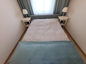 1 dormitorio pequeño con 1 cama y 2 mesitas de noche en Golden Apartament, en Szczecin