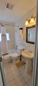 a bathroom with a toilet and a sink and a tub at Husker Inn in North Platte +23 photos