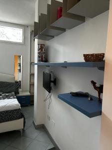 a room with shelves and a bed and a tv at Dedelollo’s Home in Sanremo