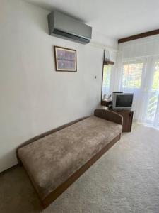 uma cama num quarto com um sofá e uma televisão em Veronika Apartman em Balatongyörök