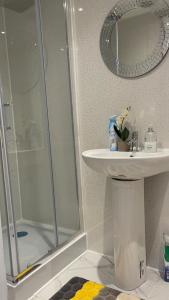 a bathroom with a shower and a sink and a mirror at One Bedroom Self Catered Serviced Accommodation 10 Minutes from City Center in Edinburgh