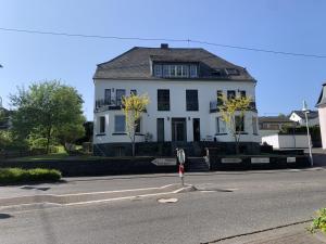 a white house sitting on the side of a street at Ferienhaus Stadtblick in Bad Marienberg