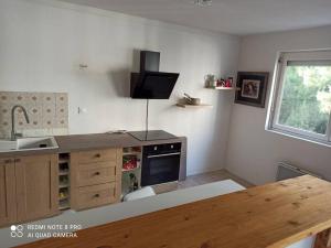 a kitchen with a counter with a sink and a stove at BEE COOL 75 m2 Le Verdon in Le Verdon-sur-Mer