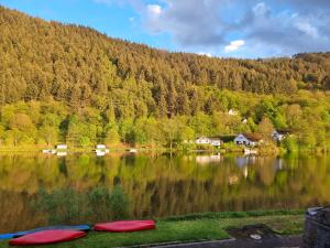 two canoes sitting on the shore of a lake at Moselschiefer NEU ab Mai 2023 in Traben-Trarbach