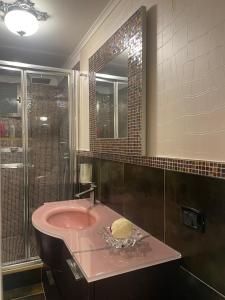 ナポリにあるAppartament Naplesのバスルーム(ピンクのシンク、シャワー付)