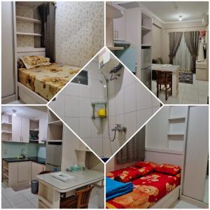 uma colagem de fotos de uma cozinha e um quarto em Apartment Centerpoint by RR Property em Kayuringin