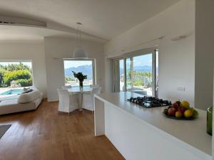 una cucina e un soggiorno con piano di lavoro bianco di Villa with pool and panoramic view Costa Smeralda ad Abbiadori