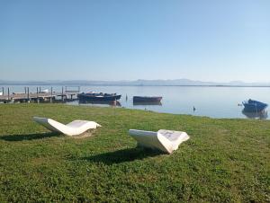 deux bateaux assis sur l'herbe à côté d'une masse d'eau dans l'établissement Casa Alba, à SantʼAntìoco