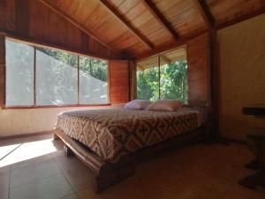 1 dormitorio con 1 cama en una habitación con ventanas en La Chonta, en Mindo