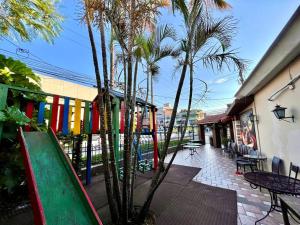 a patio with palm trees and a colorful fence at Comodisimo y Céntrico - Netflix in Santa Cruz de la Sierra