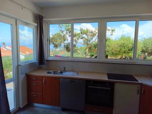 eine Küche mit drei Fenstern, einem Waschbecken und einer Theke in der Unterkunft Apartments Solta in Nečujam