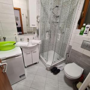 a bathroom with a shower and a toilet and a sink at Hana Superior Apartments in Bihać
