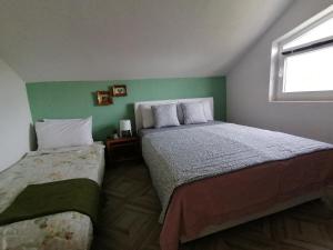 a bedroom with two beds and a green wall at Villa Lila in Dolno Dupeni