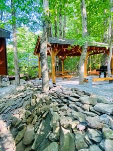 pawilon w parku z drzewami i skałami w obiekcie Lakeview Cabin in The Hideout w mieście Lake Ariel