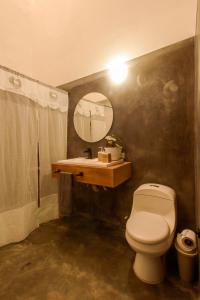 a bathroom with a toilet and a sink and a mirror at CASA JUANA BARICHARA in Barichara