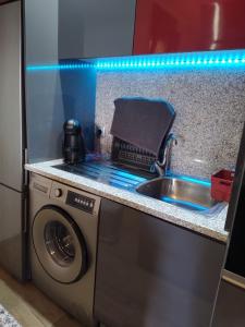eine Küche mit einer Spüle und einer Waschmaschine in der Unterkunft Recanto do Sol in Vieira do Minho
