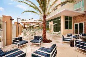 un patio avec des chaises, des tables et un palmier dans l'établissement Four Points by Sheraton Miami Airport, à Miami