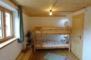 een kamer met twee stapelbedden en een raam bij Bleierhof in Kiefersfelden