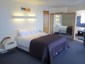 Una habitación de hotel con una cama grande y un espejo. en Stansbury Holiday Motel, en Stansbury 44 fotos más