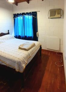 a bedroom with a bed with a blue curtain and a fan at Duplex 2 hab. parrilla y cochera in Chascomús