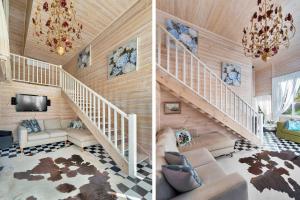 deux photos d'un salon avec un escalier dans l'établissement The Barn Burradoo, à Burradoo