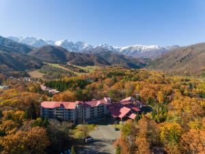 白馬的住宿－東急白馬度假飯店，享有度假村的空中景致,以山脉为背景