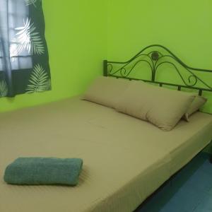 a bedroom with a bed with a green wall at Homestay sunnah bougainvillea resident Islam 