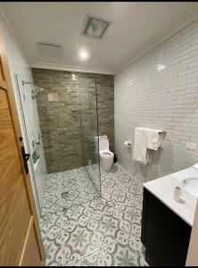 y baño con ducha, aseo y lavamanos. en Adelaide self contained private guest suite, 