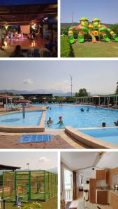 un collage de tres fotos de una piscina en Luxe Mobilehome with dishwasher and airconditioning included fits 4 adults and 1 child, Ameglia, Ligurie, Cinqueterre, North Italy, Beach, Pool, Glamping, en Ameglia