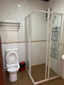 a bathroom with a toilet and a shower stall at DaViKa Hotel in Vientiane