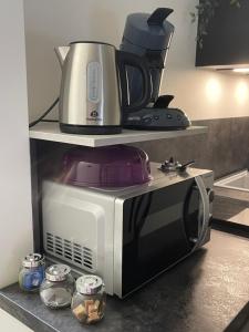 a microwave with a coffee pot on top of it at nuitzen in Boyer