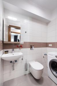 uma casa de banho com um lavatório, um WC e uma máquina de lavar roupa em Peratzada apartments em Vasiliki