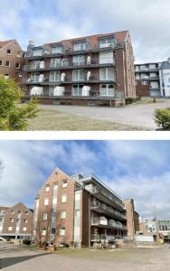deux photos d'un bâtiment dans une ville dans l'établissement Nah am Strand in Bensersiel, Wooge 45, à Esens