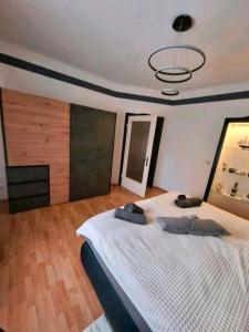 Un dormitorio con una gran cama blanca y una lámpara de araña. en Ferienwohnung *Zur Weinbergstraße* en Lauta