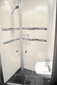 W łazience znajduje się prysznic i umywalka. w obiekcie Romantik Ferienhaus 1854 w mieście Elpe