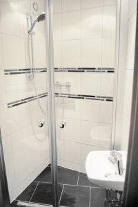 a bathroom with a shower and a sink at Romantik Ferienhaus 1854 in Elpe