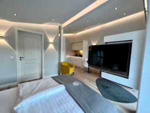1 dormitorio con 1 cama grande y TV de pantalla plana en DRIEHOF LandGut & Residenz LifeStyle-Comfort Apt 7, en Tecklenburg