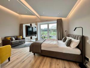テクレンブルクにあるDRIEHOF LandGut & Residenz LifeStyle-Comfort Apt 7のベッドルーム(ベッド1台、ソファ、テレビ付)
